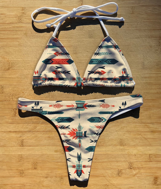 Bow and Arrow Textile - Swimwear Bikini 2 Piece Set | Thong, Brazilian or Full Coverage | Triangle String Tie Top | Native Indigenous Pattern
