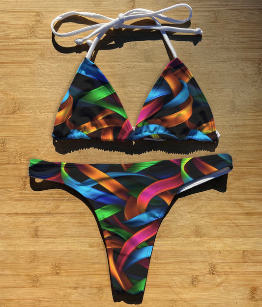 Neon Ribbons - Swimwear Bikini 2 Piece Set | Thong, Brazilian or Full Coverage | Triangle String Tie Top | Colorful Black