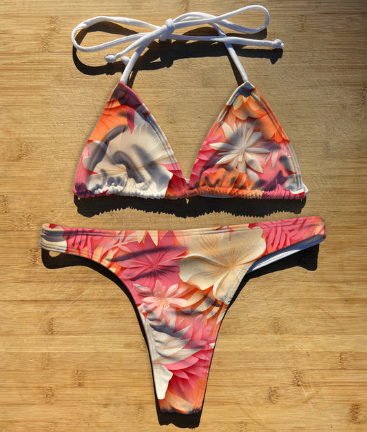 Orange Pink Tropical Flowers - Swimwear Bikini 2 Piece Set | Thong, Brazilian or Full Coverage | Triangle String Tie Top | Tropics Ombre Pink