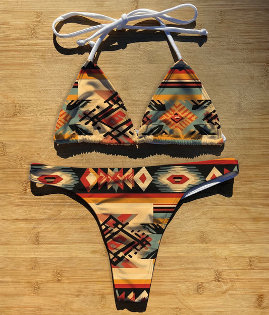 South American Textile - Swimwear Bikini 2 Piece Set | Thong, Brazilian or Full Coverage | Triangle String Tie Top | Native Indigenous Latin
