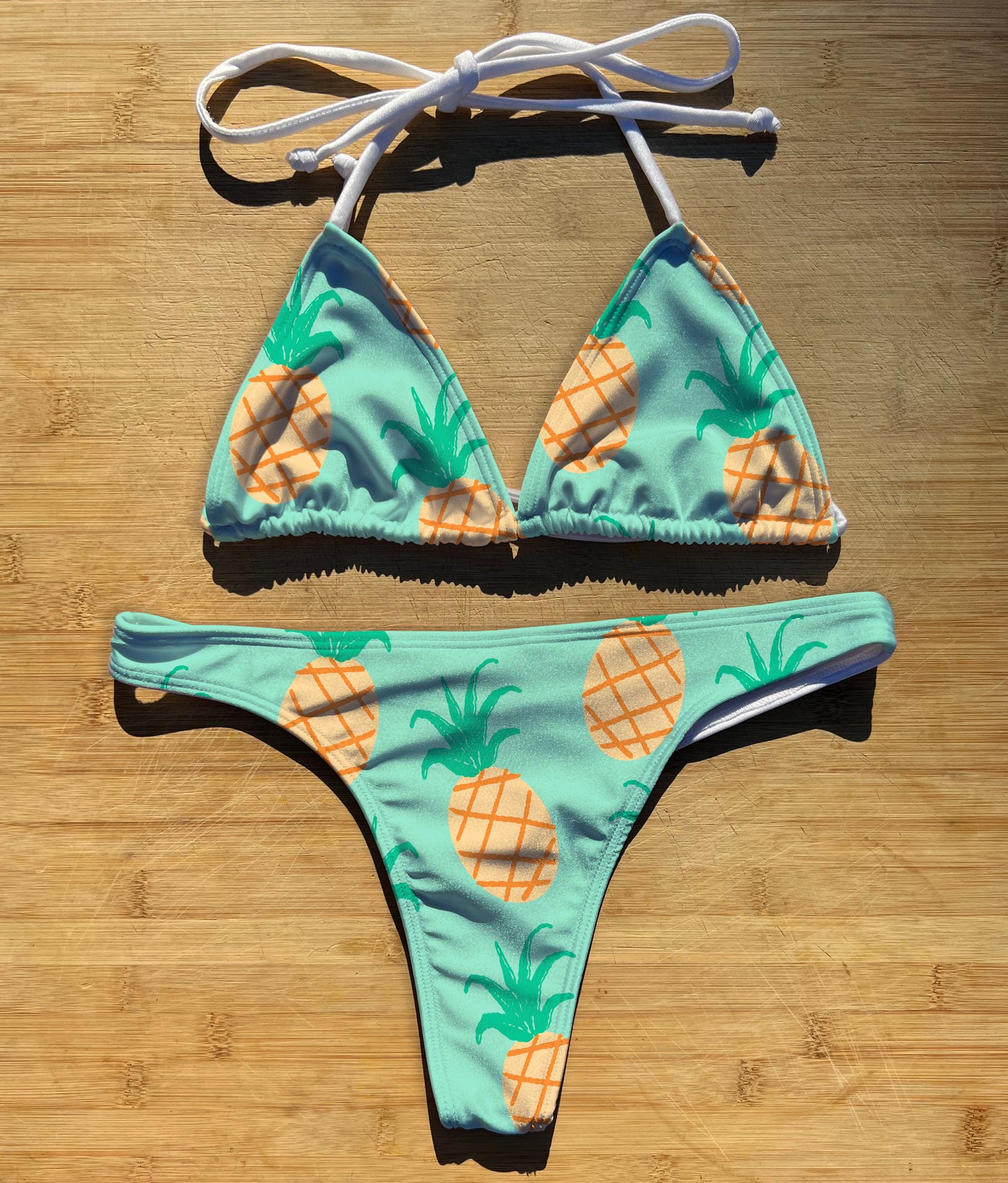 Teal Pineapples - Swimwear Bikini 2 Piece Set | Thong, Brazilian or Full Coverage | Triangle String Tie Top | Tropical Green Fruits