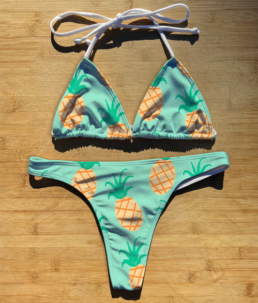 Teal Pineapples - Swimwear Bikini 2 Piece Set | Thong, Brazilian or Full Coverage | Triangle String Tie Top | Tropical Green Fruits