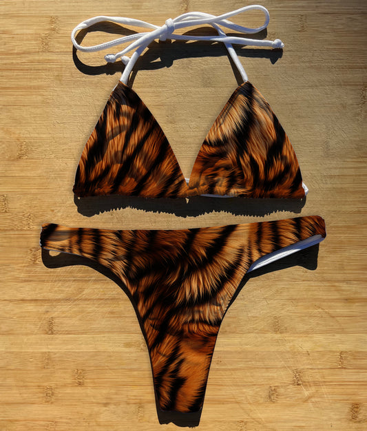 Tiger Stripes - Swimwear Bikini 2 Piece Set | Thong, Brazilian or Full Coverage | Triangle String Tie Top | Orange Black Realistic Big Cat