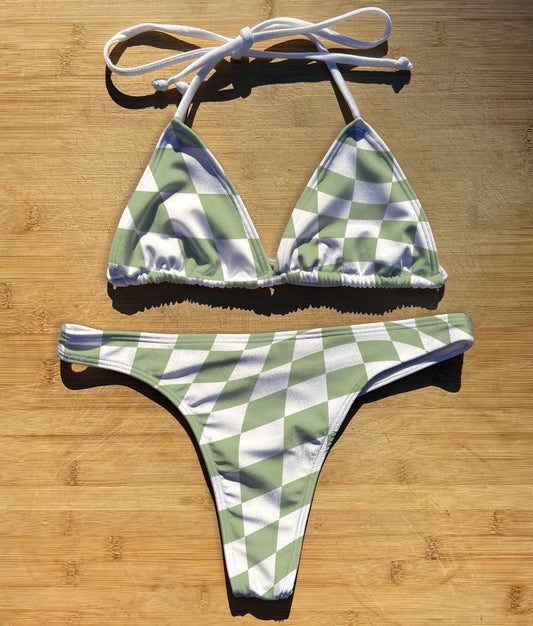 Trippy CC Checkered Board - Swimwear Bikini 2 Piece Set | Thong, Brazilian or Full Coverage | Triangle String Tie Top | Sage Green Checkerboard