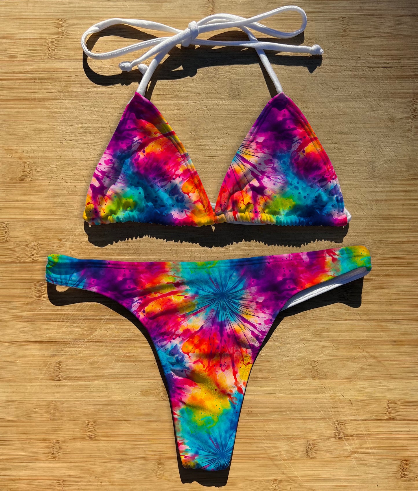 Trippy Tie Dye - Swimwear Bikini 2 Piece Set | Thong, Brazilian or Full Coverage | Triangle String Tie Top | Hippy Colorful Vibran