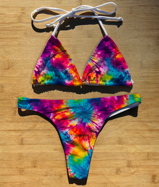 Trippy Tie Dye - Swimwear Bikini 2 Piece Set | Thong, Brazilian or Full Coverage | Triangle String Tie Top | Hippy Colorful Vibran