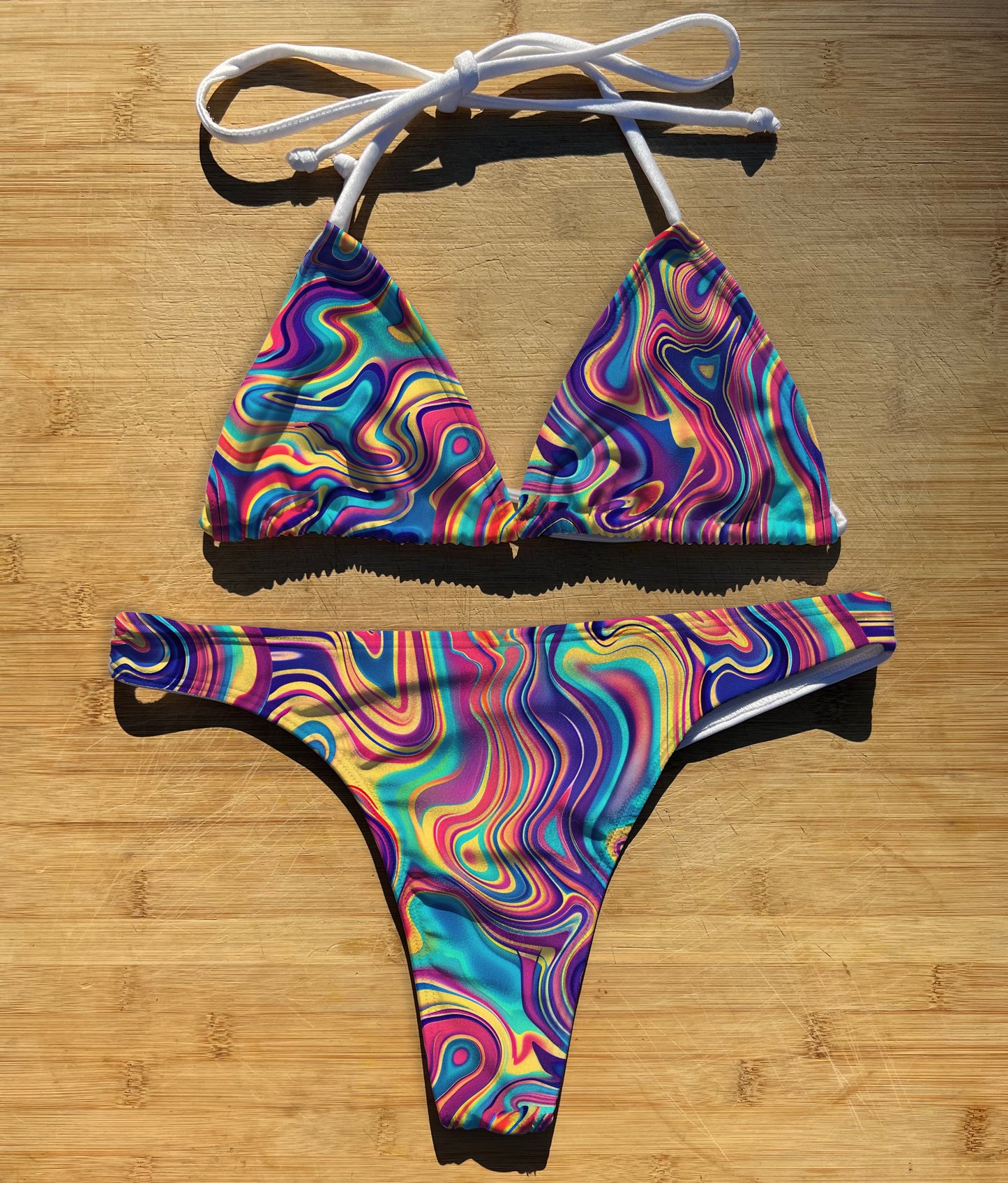 Trippy Waves - Swimwear Bikini 2 Piece Set | Thong, Brazilian or Full Coverage | Triangle String Tie Top | Acid Trip Hippy Rave