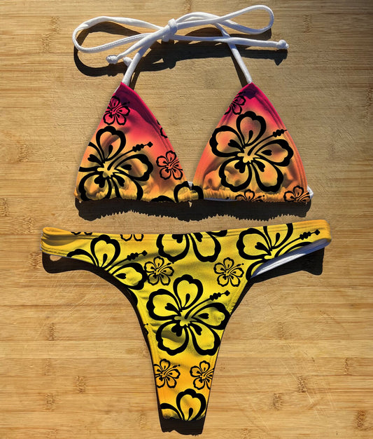 Hawaiian Hibiscus - Swimwear Bikini 2 Piece Set | Thong, Brazilian or Full Coverage | Triangle String Tie Top | Flowers Blooming Hawaii