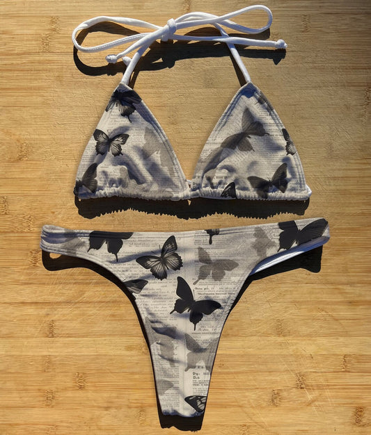 Butterfly Times - Swimwear Bikini 2 Piece Set | Thong, Brazilian or Full Coverage | Triangle String Tie Top | Newspaper Art Grey Gray