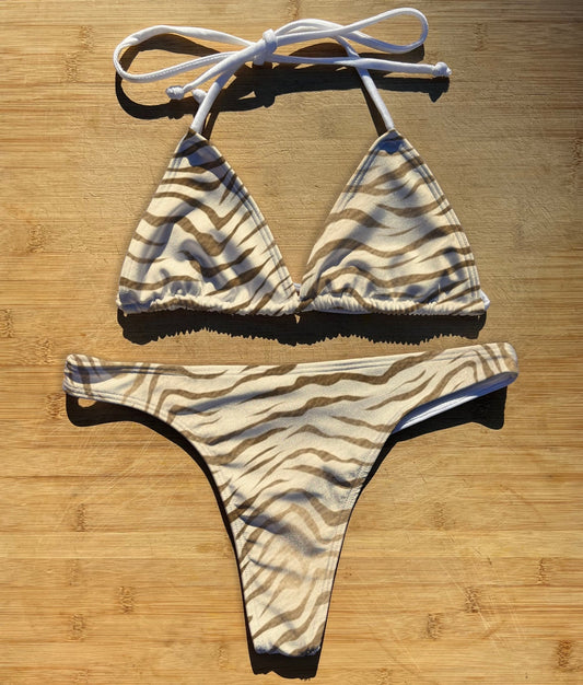 Sand Tiger Stripes - Swimwear Bikini 2 Piece Set | Thong, Brazilian or Full Coverage | Triangle String Tie Top | Big Cat Light Khaki