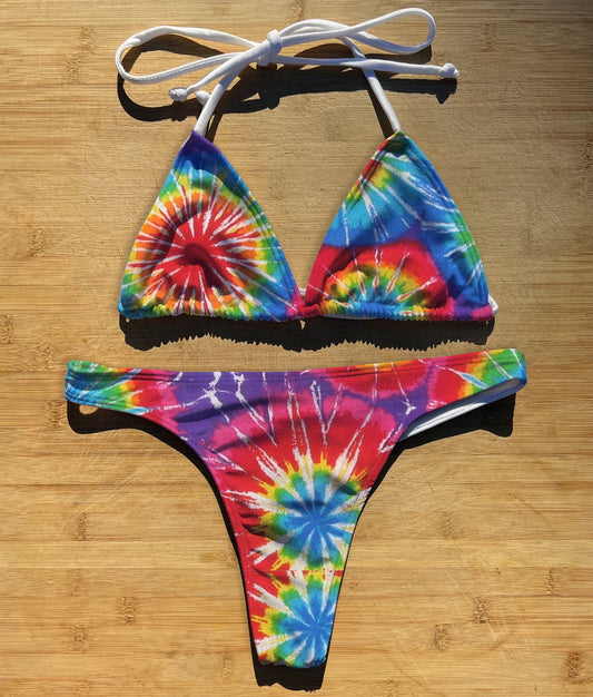 Tie Dye - Swimwear Bikini 2 Piece Set | Thong, Brazilian or Full Coverage | Triangle String Tie Top | Hippie Hippy Bandhani