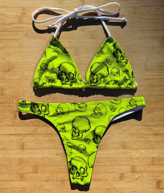 Electric Skulls - Swimwear Bikini 2 Piece Set | Thong, Brazilian or Full Coverage | Triangle String Tie Top | Skull Green Neon