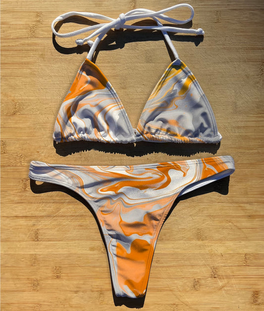 Mandarin Marble - Swimwear Bikini 2 Piece Set | Thong, Brazilian or Full Coverage | Triangle String Tie Top | Orange Swirl Stylish