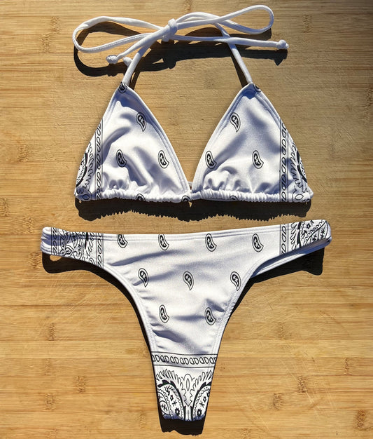 White Paisley - Swimwear Bikini 2 Piece Set | Thong, Brazilian or Full Coverage | Triangle String Tie Top | Bandana Textile Pattern