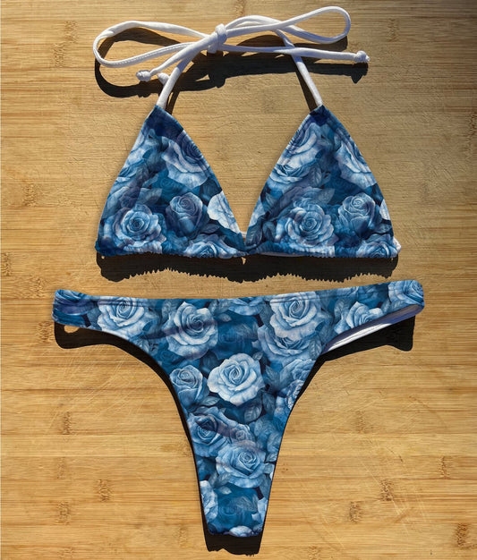 Denim Roses - Swimwear Bikini 2 Piece Set | Thong, Brazilian or Full Coverage | Triangle String Tie Top | Rose Floral Blue Jean