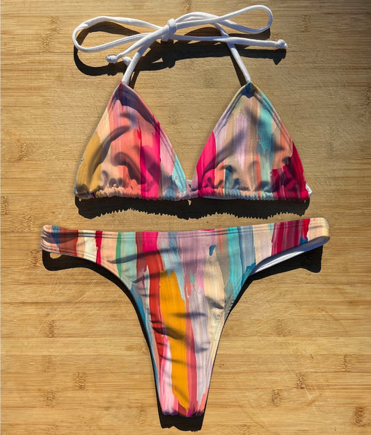 Elegant Brush Strokes - Swimwear Bikini 2 Piece Set | Thong, Brazilian or Full Coverage | Triangle String Tie Top | Classy Painting Oil Brush